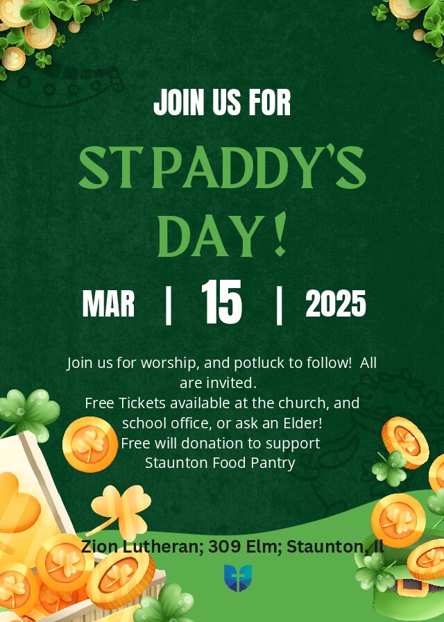 St.Paddy’s Day Worship Service and Potluck