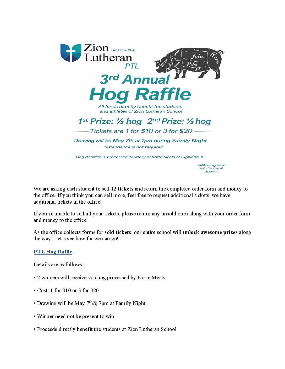 Get Ready for the Zion Lutheran PTL 3rd Annual Hog Raffle